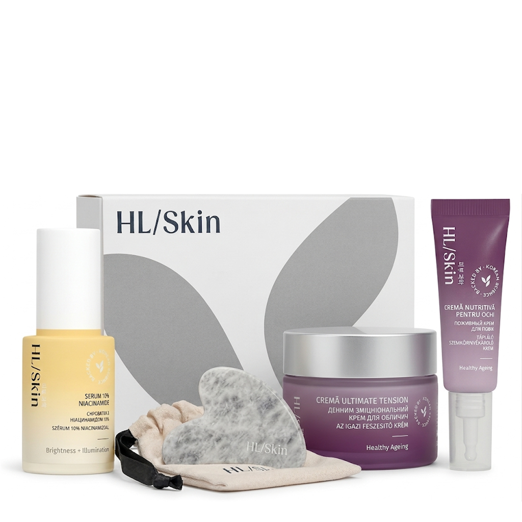 Pachet Skincare Premium (Crema Ultimate Tension + Ochi + Serum Niacinamide) + CADOU Gua Sha din jad alb